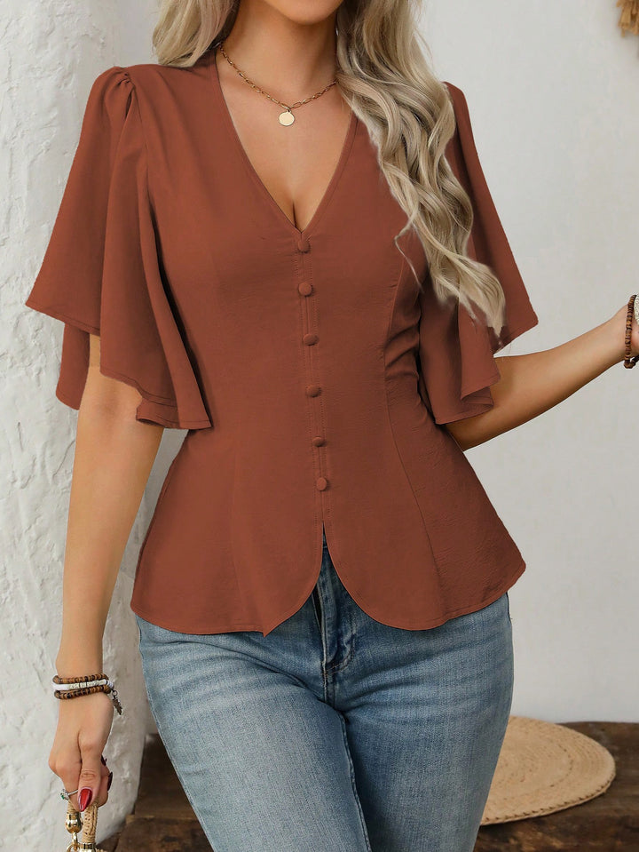 Damen elegante Bluse mit Glockenärmeln und Knopfdetail Echo Archiv