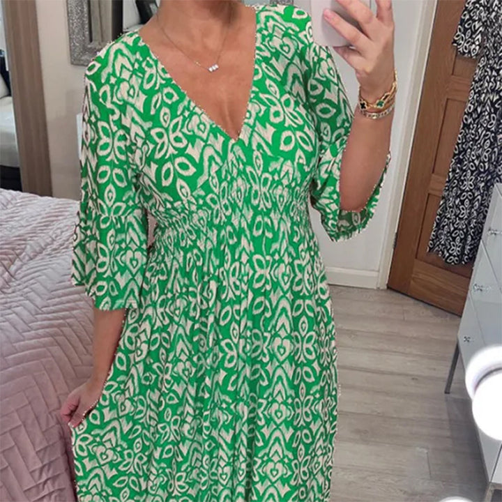 Damen Maxikleid mit V-Ausschnitt, gerafftem Taillenteil und Rüschendreiviertelärmeln – Valéora