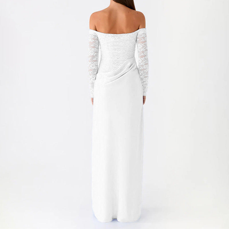 Damen Elegantes Hochzeitskleid mit schulterfreiem Ausschnitt und Spitzenärmeln Echo Archiv