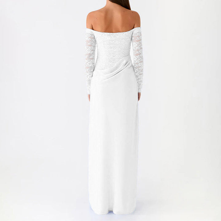 Damen Elegantes Hochzeitskleid mit schulterfreiem Ausschnitt und Spitzenärmeln Echo Archiv