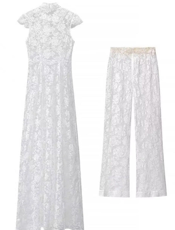 Damen Zweiteiliges Spitzenset mit Stehkragen‑Maxikleid und weiter Spitzenhose Echo Archiv