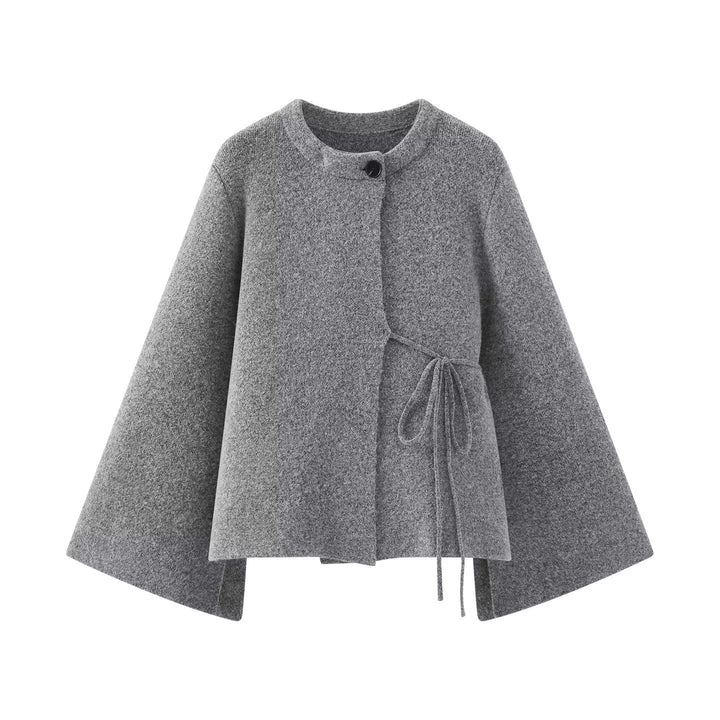 Damen Kurzes Wollmix‑Cape mit Rundhals, Tunnelzug‑Taillierung und Trompetenärmeln Echoarchiv