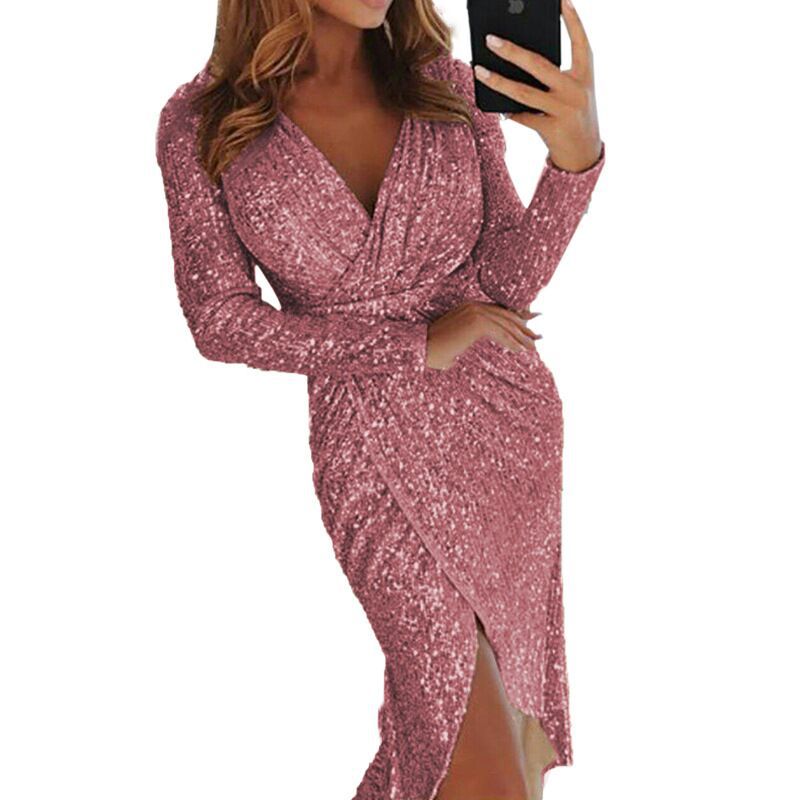 Damen nan glitzerndes Wickel-Midikleid mit V-Ausschnitt langen Ärmeln seitlichem Beinschlitz Echo Archiv
