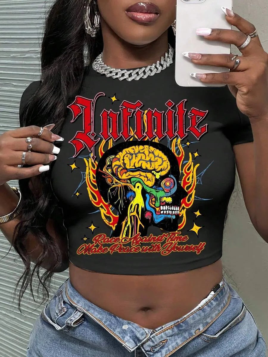 Damen Crop-Top mit künstlerischem Statement-Druck Echo Archiv