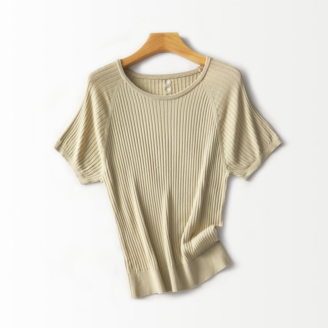 Damen Geripptes Kurzarm-Strickshirt mit Rundhalsausschnitt und Schlüsselloch-Detail Echo Archiv
