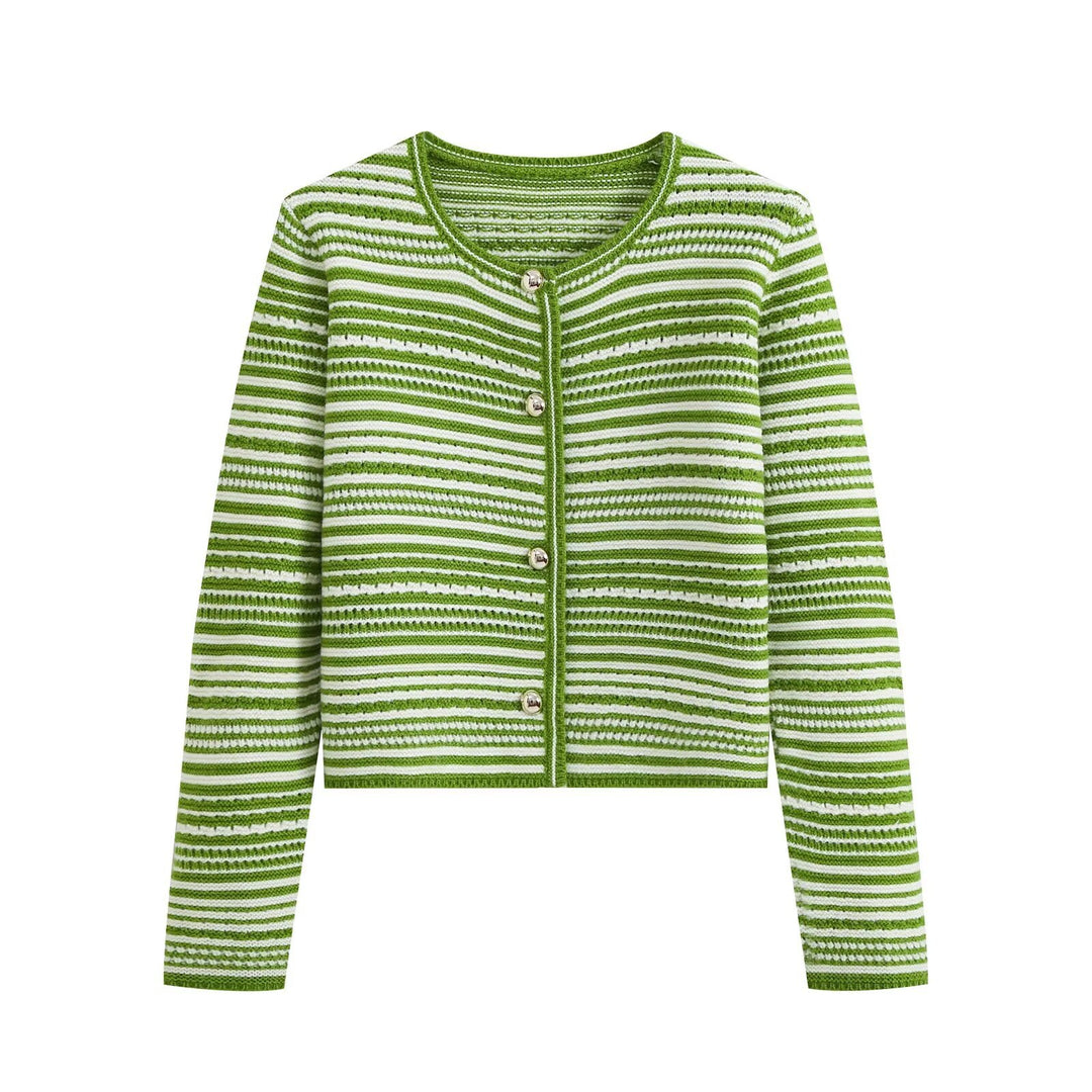 Damen gestreifte Kurzstrickjacke mit Rundhals und dekorativen Knöpfen Echo Archiv
