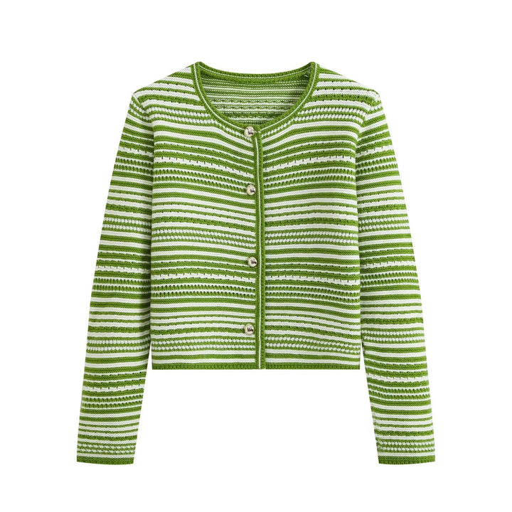 Damen gestreifte Kurzstrickjacke mit Rundhals und dekorativen Knöpfen Echo Archiv