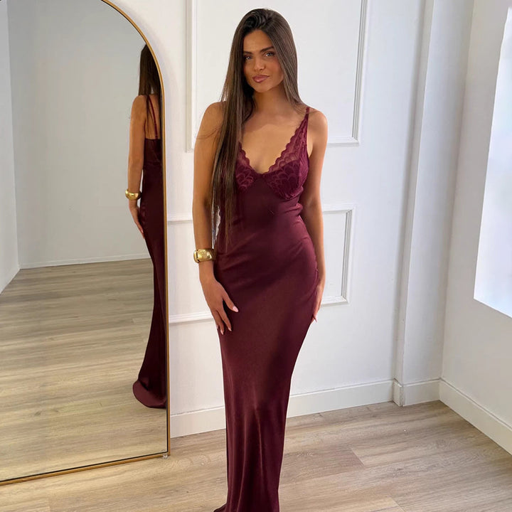 Damen Elegantes Seiden-Maxikleid mit Spitzenverzierung Echo Archiv
