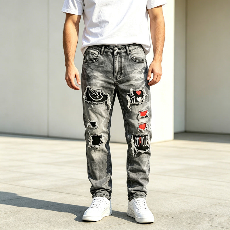 Herren Modische Destroyed Jeans mit kreativen Patches Echoarchiv