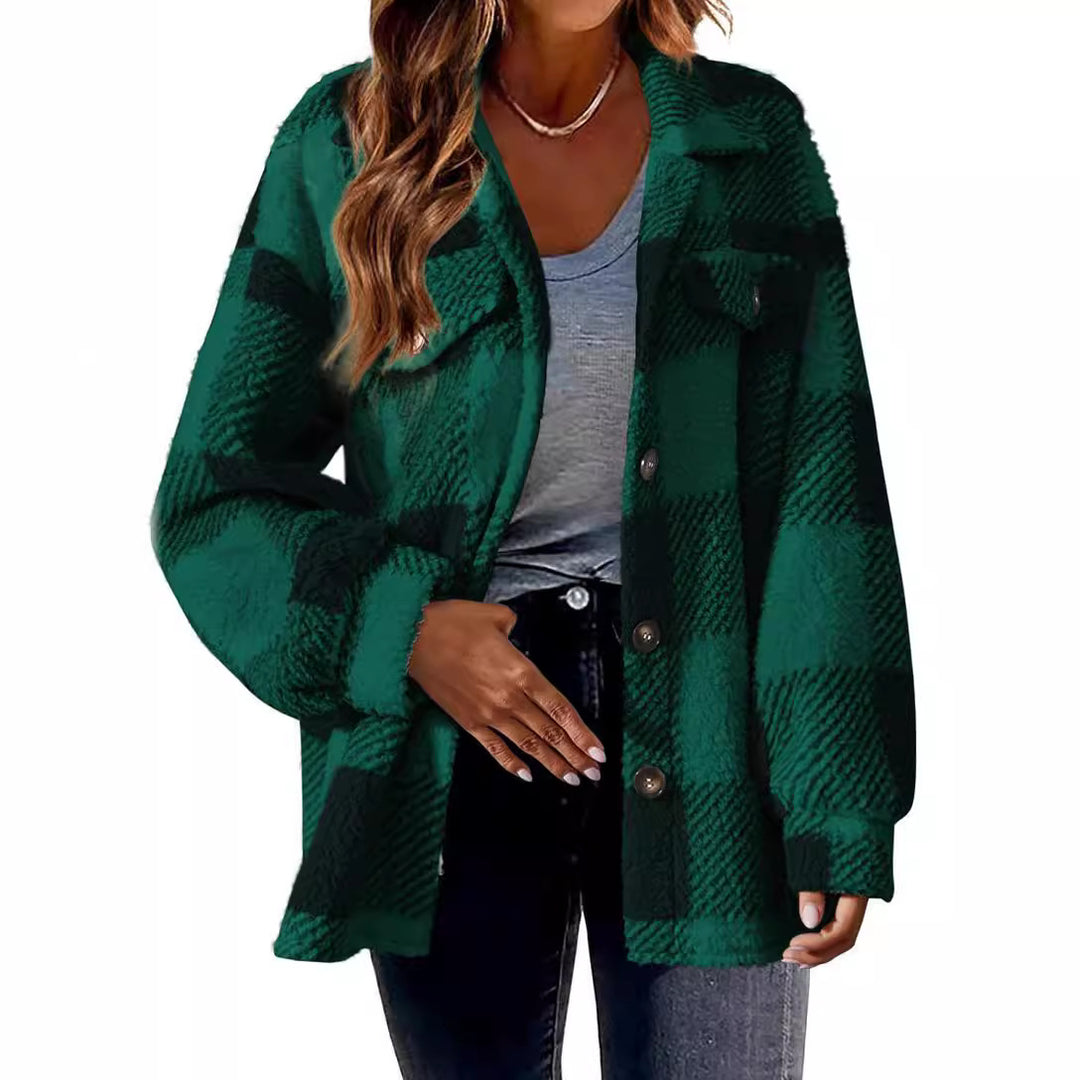Damen nan kuschelige Sherpa-Karo-Übergangsjacke mit Brusttaschen und großzügigem Oversize-Schnitt Echo Archiv