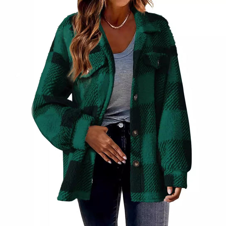 Damen nan kuschelige Sherpa-Karo-Übergangsjacke mit Brusttaschen und großzügigem Oversize-Schnitt Echo Archiv