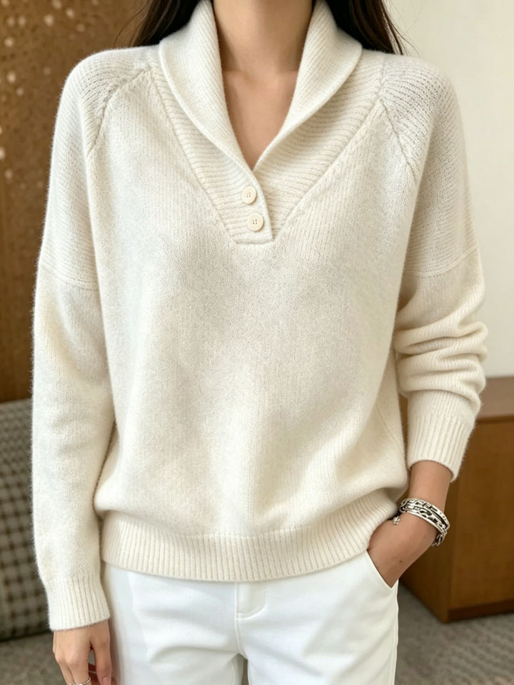 Damen Weicher Schalkragen‑Pullover mit halber Knopfleiste und Raglanärmeln – Mavelle