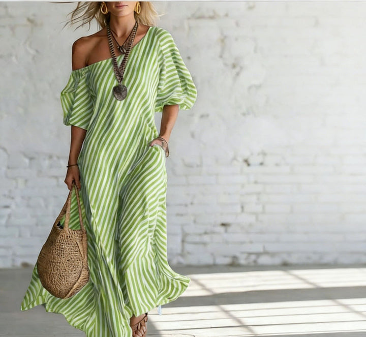 Damen Maxikleid mit asymmetrischem Schnitt und auffälligen Streifen Echo Archiv