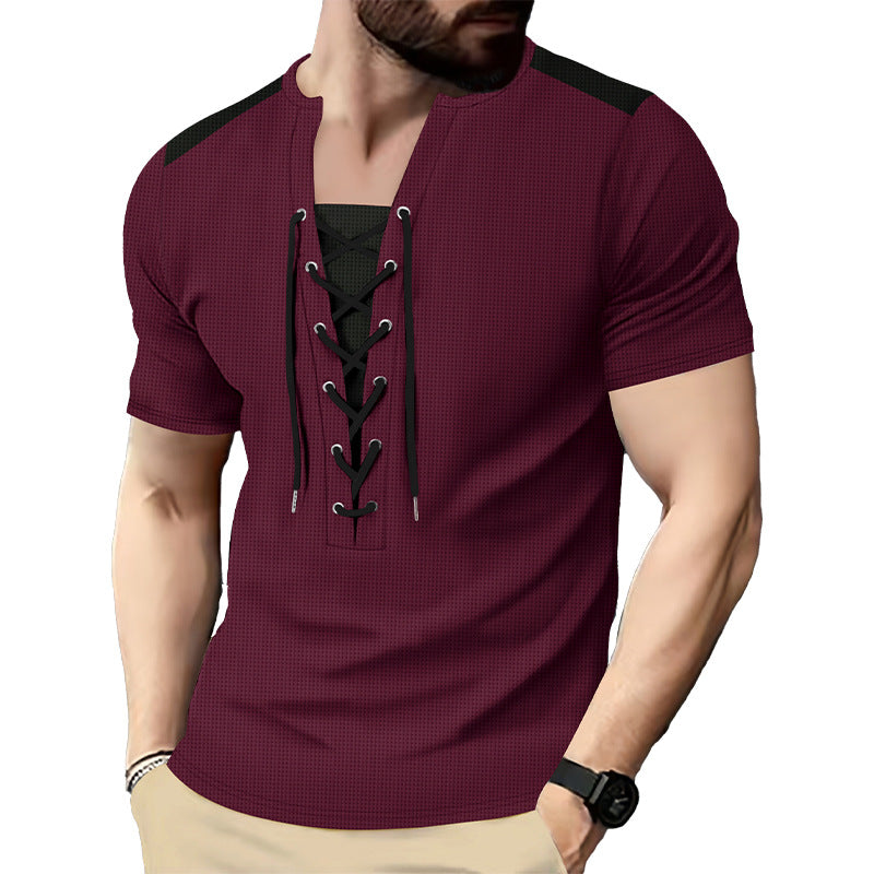 Herren Kurzarm-Henley-Shirt mit modischem Schnürdesign Echoarchiv