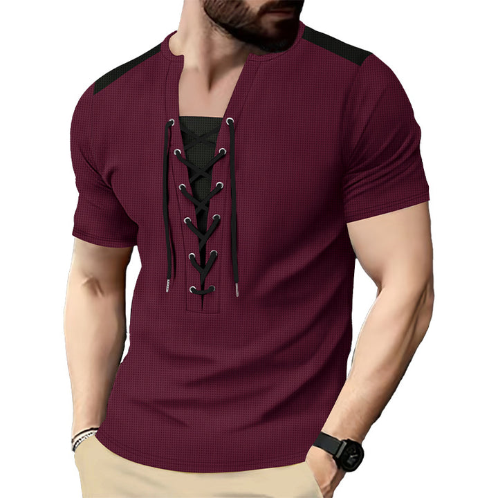 Herren Kurzarm-Henley-Shirt mit modischem Schnürdesign Echoarchiv