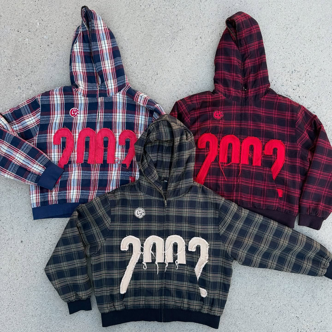Unisex nan karierter Kapuzenpullover mit fransiger Jahreszahl-Applikation und Rippbündchen Echo Archiv