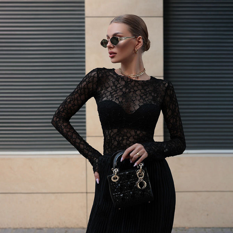 Damen Elegantes Spitzenshirt mit langem Arm und raffiniertem Mustermix Echo Archiv