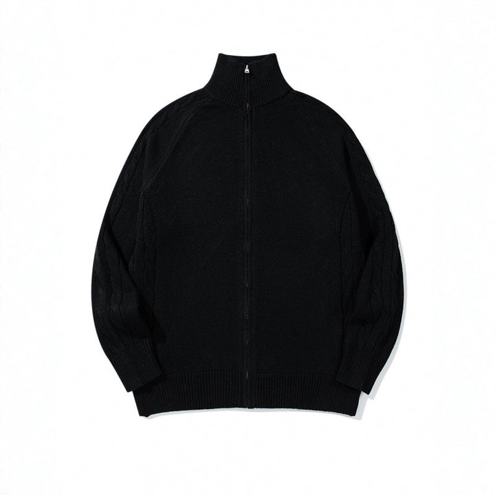 Unisex Boxy-Zip-Strickjacke mit Stehkragen, Zopfmusterärmeln und gerippten Abschlüssen Echo Archiv