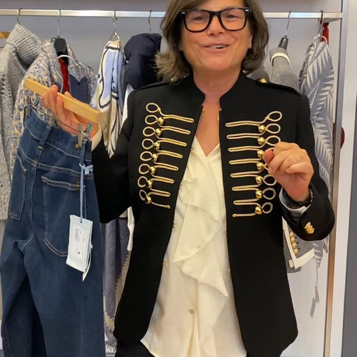Damen Militärischer Kurzblazer mit goldener Kordel‑Litzenverzierung und Zierriegeln Echo Archiv