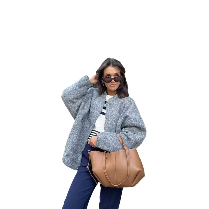 Damen boxy Wollmix-Blouson mit Stehkragen, verdeckter Frontleiste, Eingrifftaschen und elastischem Saum – Célinea