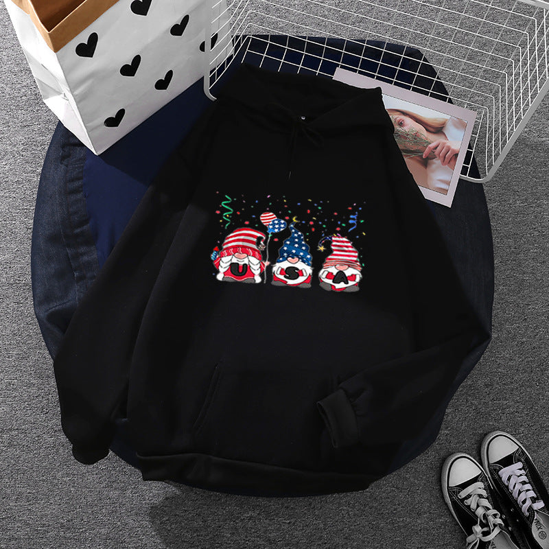 Damen Kapuzenpullover mit patriotischem Gartenzwerg-Print, angerautem Fleece-Innenfutter, Oversize-Schnitt und Kängurutasche – Auréline
