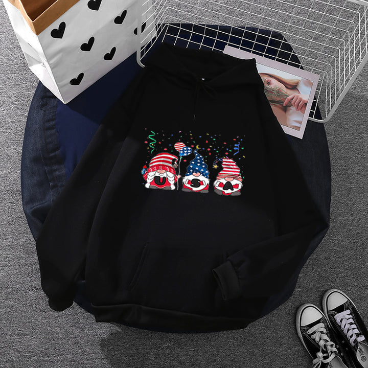 Damen Kapuzenpullover mit patriotischem Gartenzwerg-Print, angerautem Fleece-Innenfutter, Oversize-Schnitt und Kängurutasche – Auréline