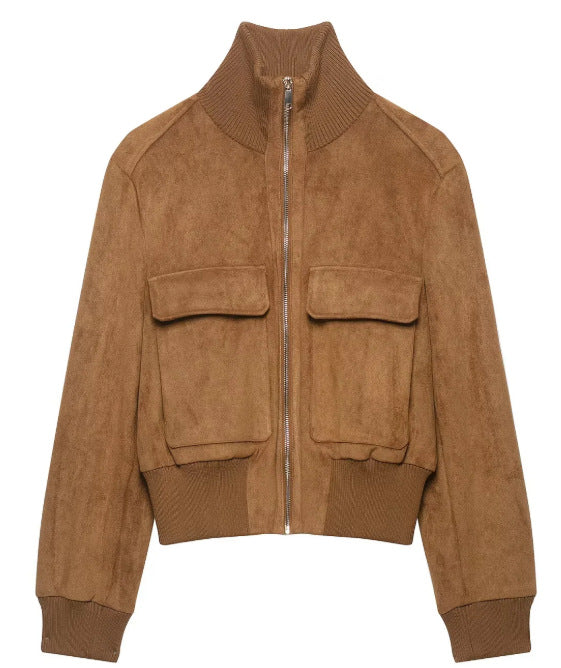 Damen Kurzer Veloursleder‑Bomber mit Stehkragen, aufgesetzten Klappentaschen und Rippenbündchen Echo Archiv