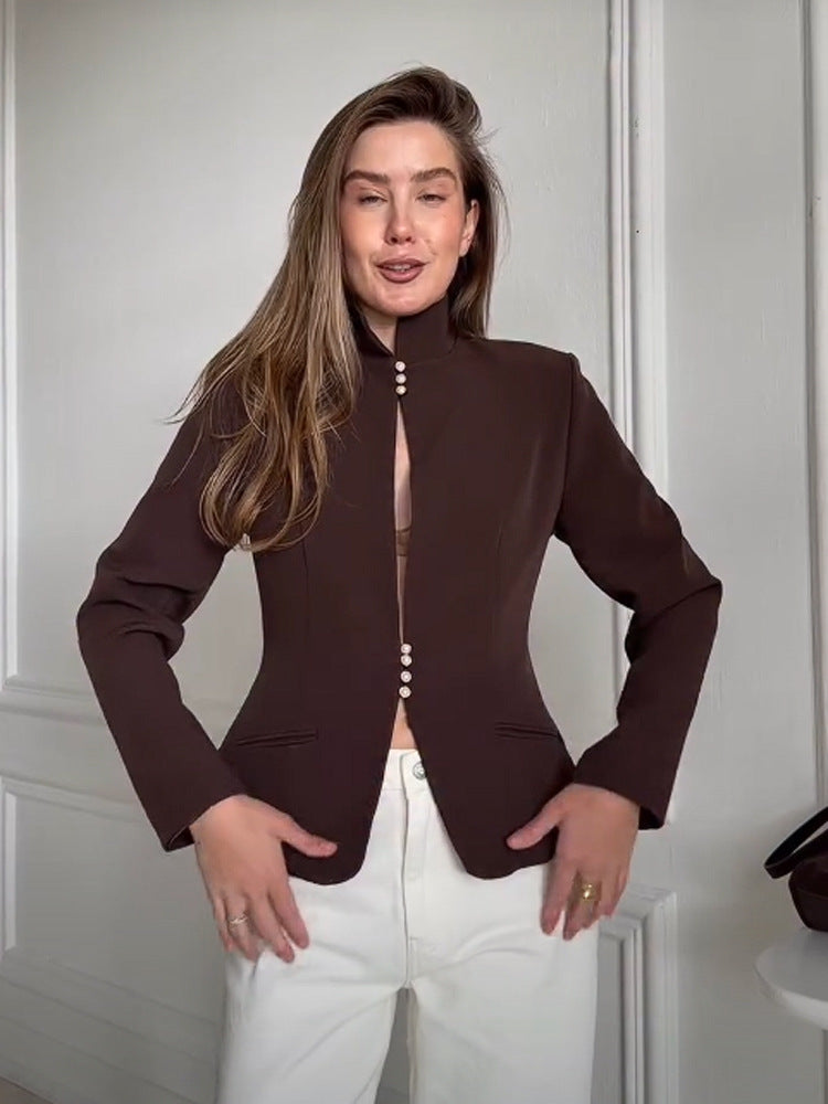 Damen Taillierter Blazer mit Stehkragen und Perlenknopf-Leiste Echoarchiv