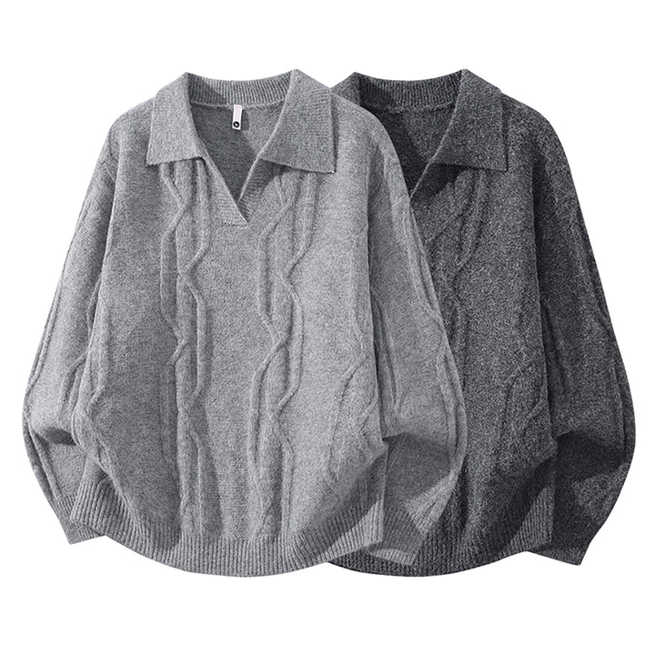 Damen Oversize Mohair‑Optik Zopfstrickpullover mit Polokragen und V‑Ausschnitt Echoarchiv