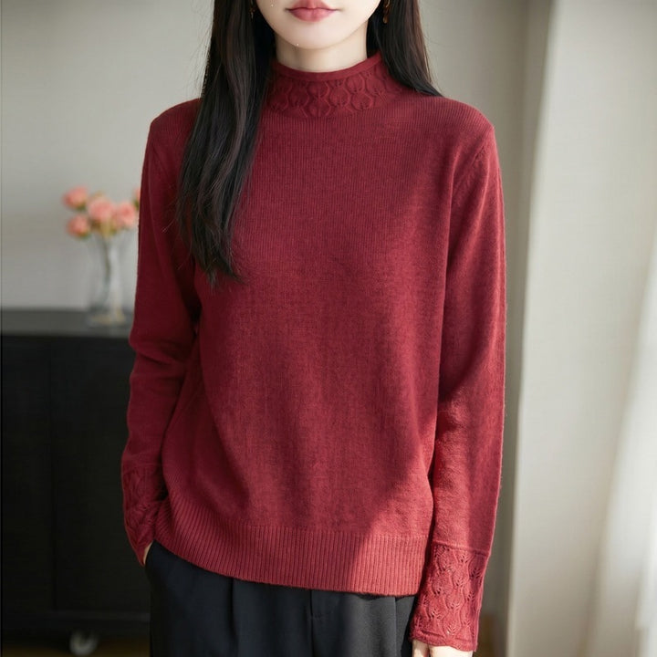 Damen Mockneck-Feinstrickpullover mit Ajour-Detail an Kragen und Bündchen Echoarchiv
