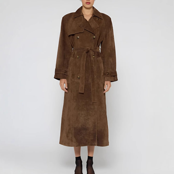 Damen nan langer Veloursleder-Trenchcoat mit Bindegürtel, doppelreihiger Knopfleiste und Ärmelriegel Echo Archiv