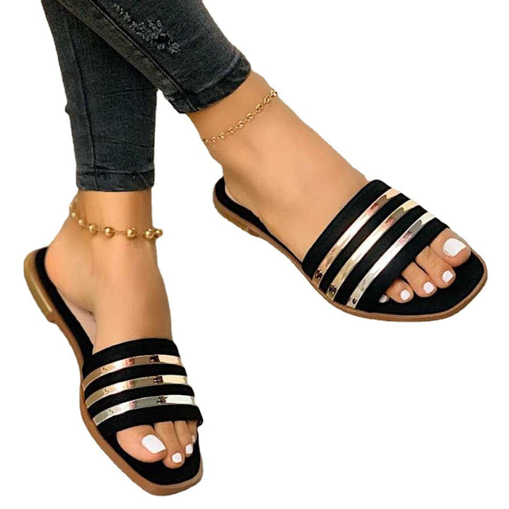 Damen nan flache Schlupfsandalette mit mehrreihigen Metallicstreifen und gepolstertem Komfortfußbett Echo Archiv