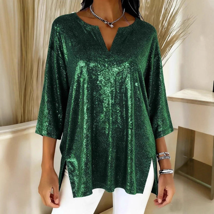 Damen Glitzerndes Oversize-Longshirt mit V-Ausschnitt und seitlichen Schlitzen Echoarchiv