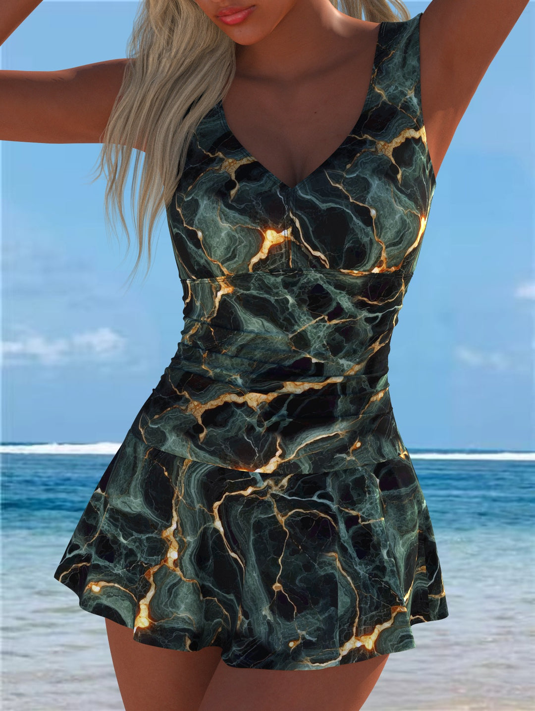 Damen Schwimmdress mit volanthaftem Saum und lebhaftem Muster Echo Archiv