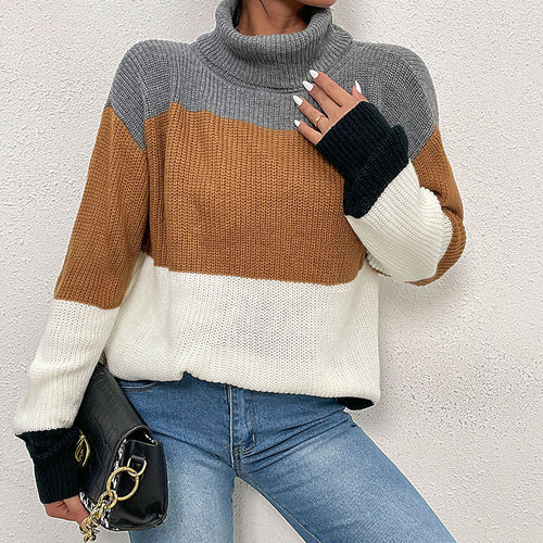 Damen Rollkragen-Colorblock-Pullover aus Grobstrick Echoarchiv
