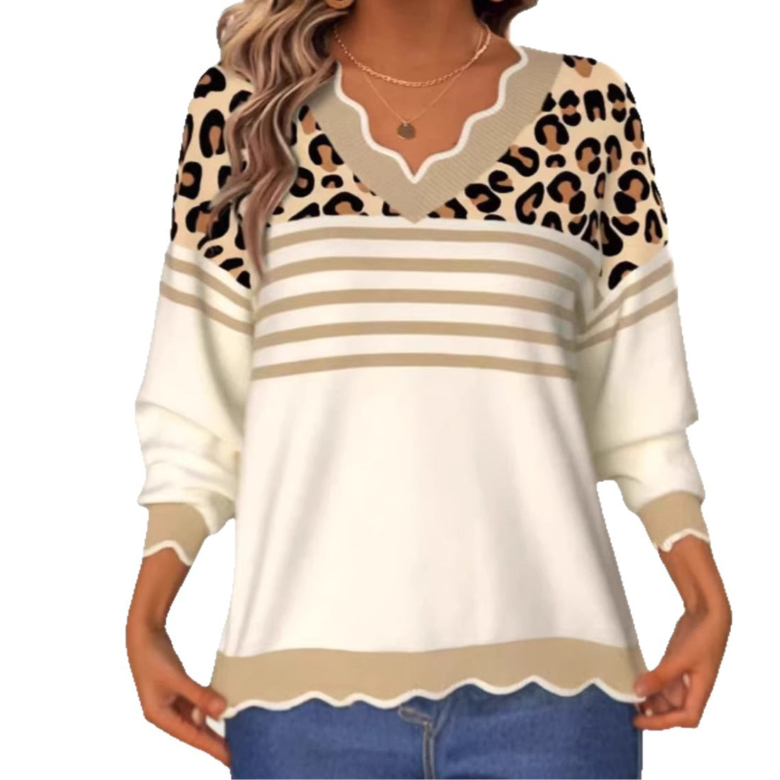 Damen Modischer V-Pullover mit Leo-Print – Mavelle