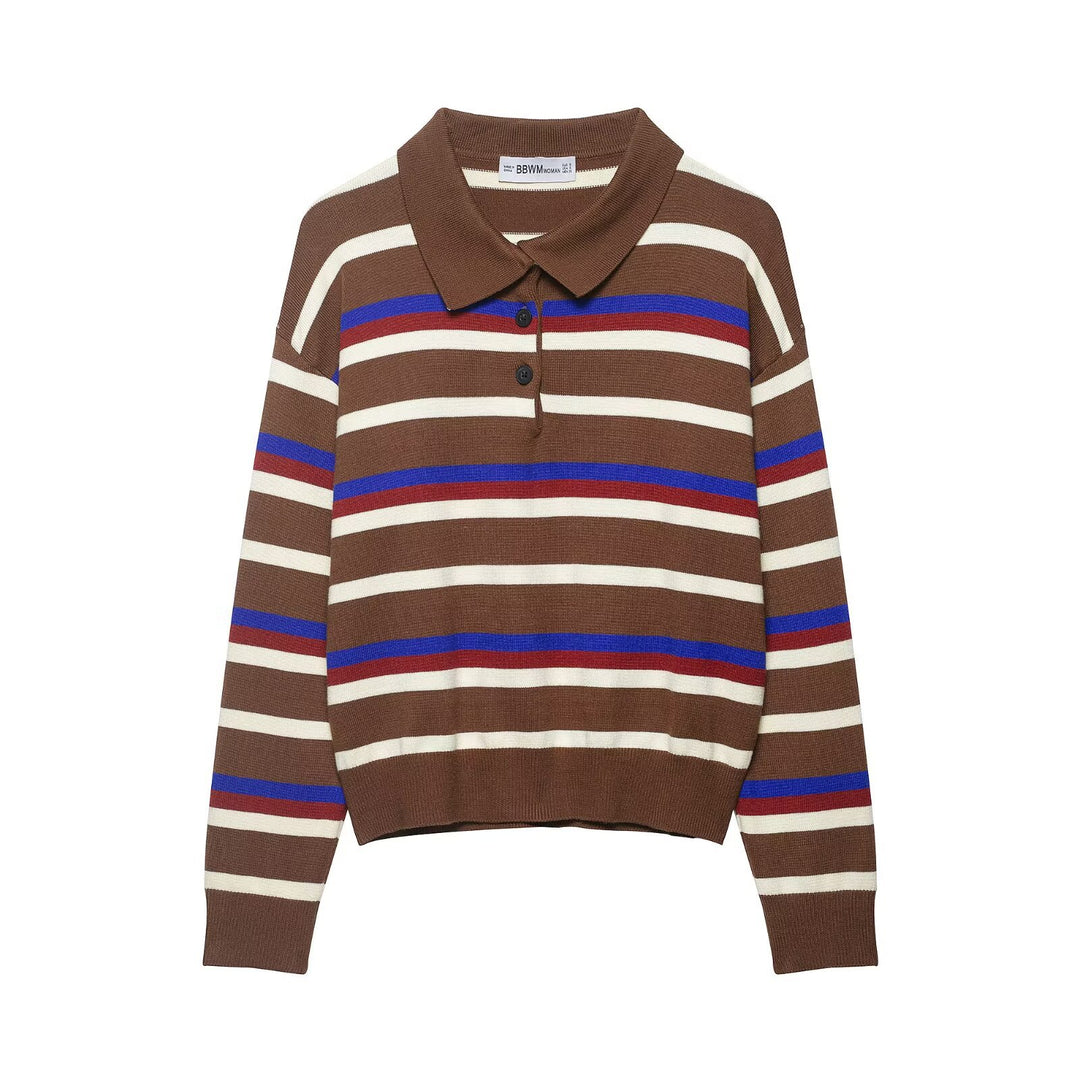 Damen Gestreifter Polokragen-Strickpullover im Boxy-Cropped-Schnitt Echoarchiv