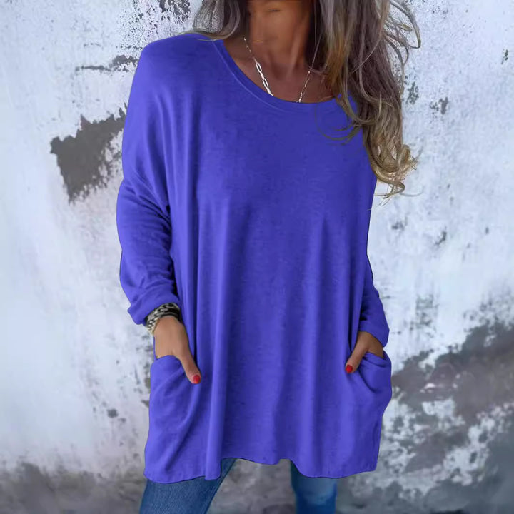 Damen Weiches Oversize Langarmshirt mit Rundhalsausschnitt, Lässigen Ärmeln und Seitentaschen – Avérine