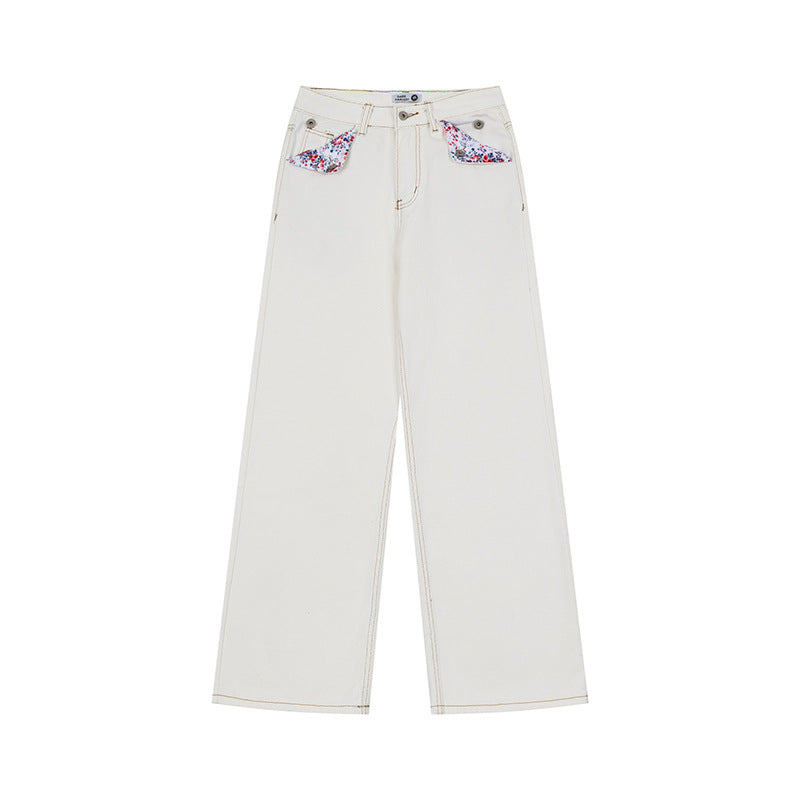 Damen Weite High‑Waist-Jeans im Palazzo-Schnitt mit Ziernaht und Blumen-Taschenfutter Echoarchiv