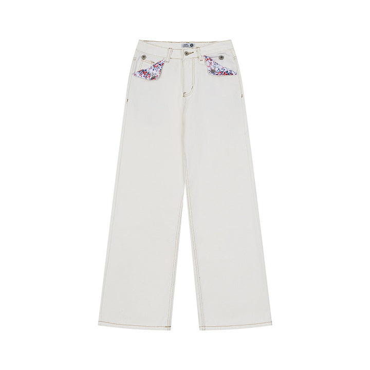 Damen Weite High‑Waist-Jeans im Palazzo-Schnitt mit Ziernaht und Blumen-Taschenfutter Echoarchiv