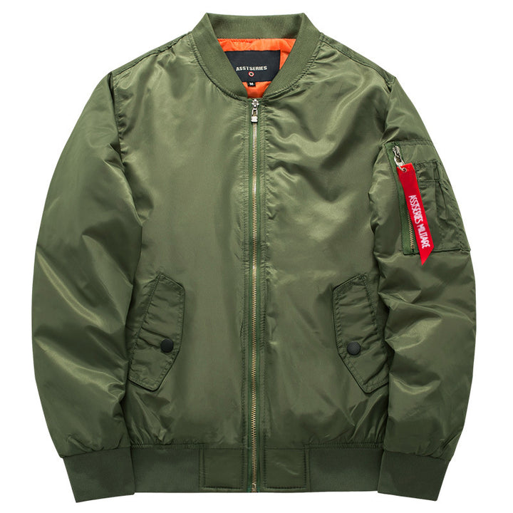 Men's minimalist nylon flight bomber with low-profile front pockets and zip sleeve tag – Brevano