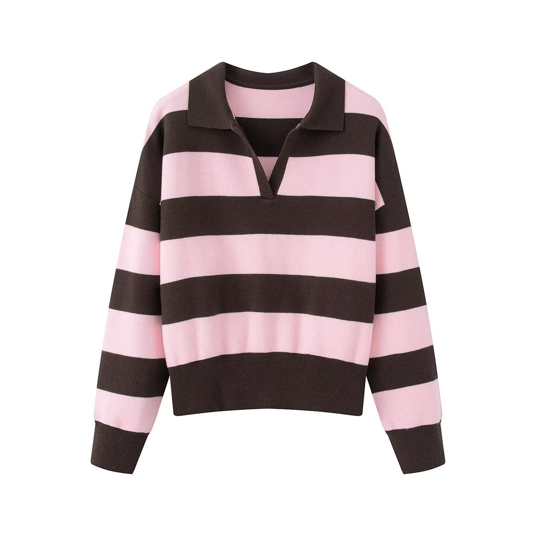 Damen Gestreifter Rugby-Polo-Pullover mit V-Notch und Cropped-Saum Echo Archiv