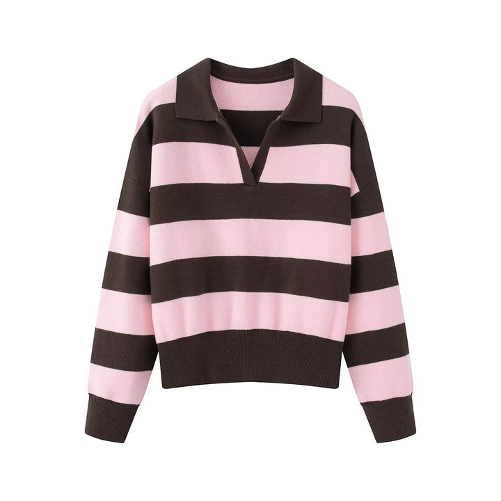 Damen Gestreifter Rugby-Polo-Pullover mit V-Notch und Cropped-Saum Echo Archiv