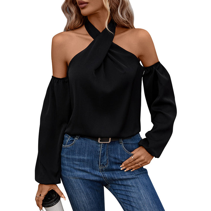 Damen Neckholder-Top mit gekreuztem Ausschnitt, schulterfreiem Design und Ballonärmeln Echoarchiv