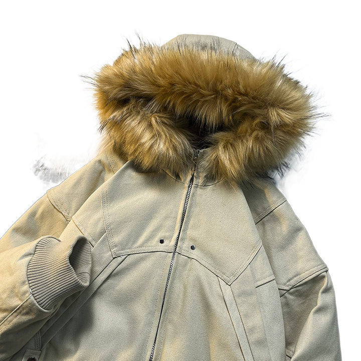Unisex Wattierte Bomberjacke mit großer Kapuze und Kunstfellbesatz Echoarchiv