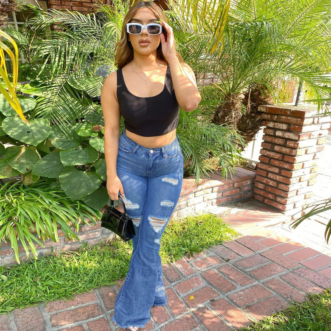 Damen Hochgeschnittene Distressed Flared-Jeans mit ausgestelltem Saum und Sculpting-Sitz Echo Archiv
