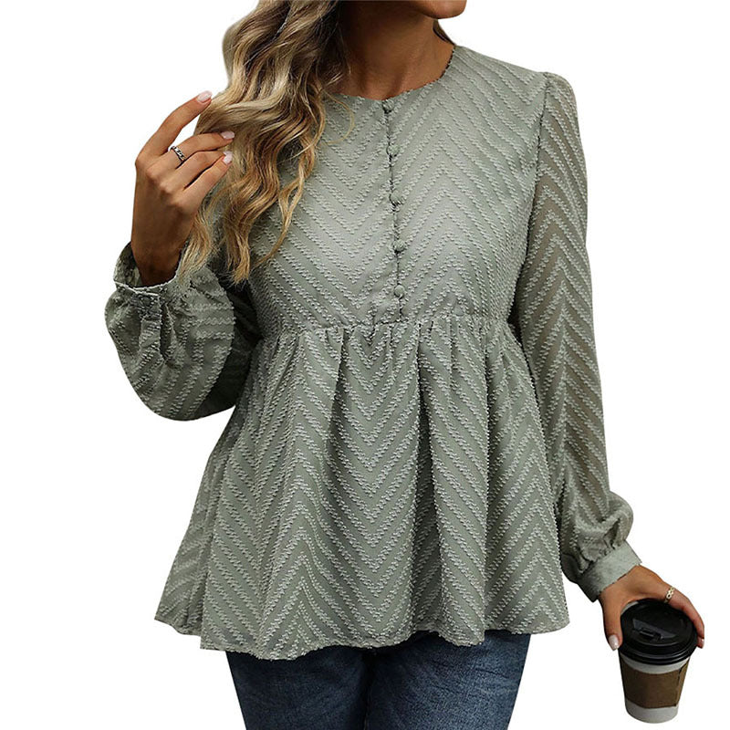 Damen Chiffon-Peplum-Bluse mit Chevron-Struktur, geraffter Empire-Taille & Knopfleiste Echoarchiv