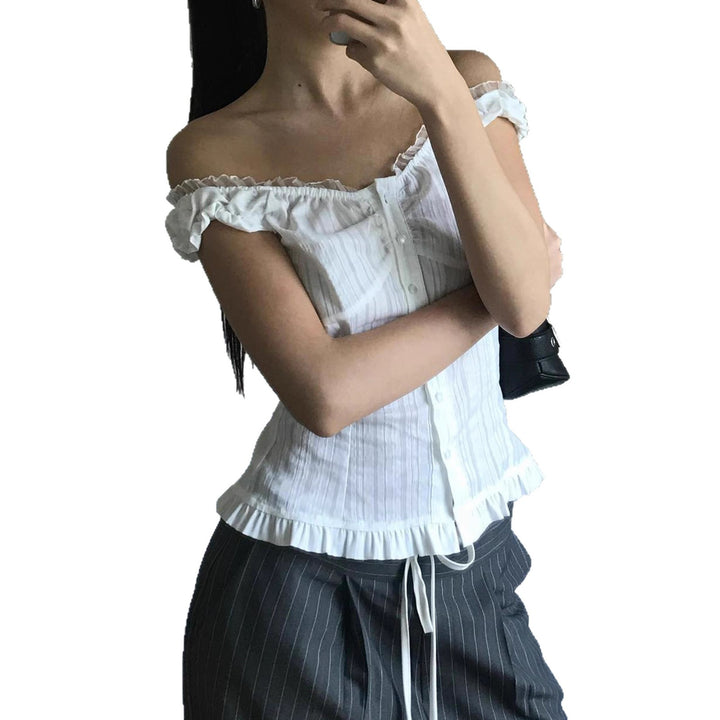 Damen Off-Shoulder Bluse mit Rüschensaum und Knopfdetails Echo Archiv