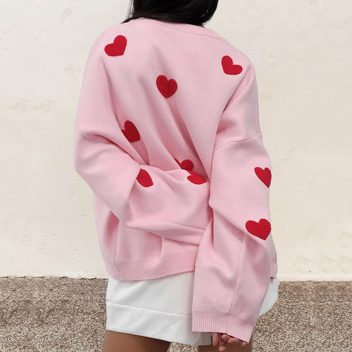 Damen Oversize Rundhalspullover mit Herz-Jacquard und gerippten Säumen – Mavelle