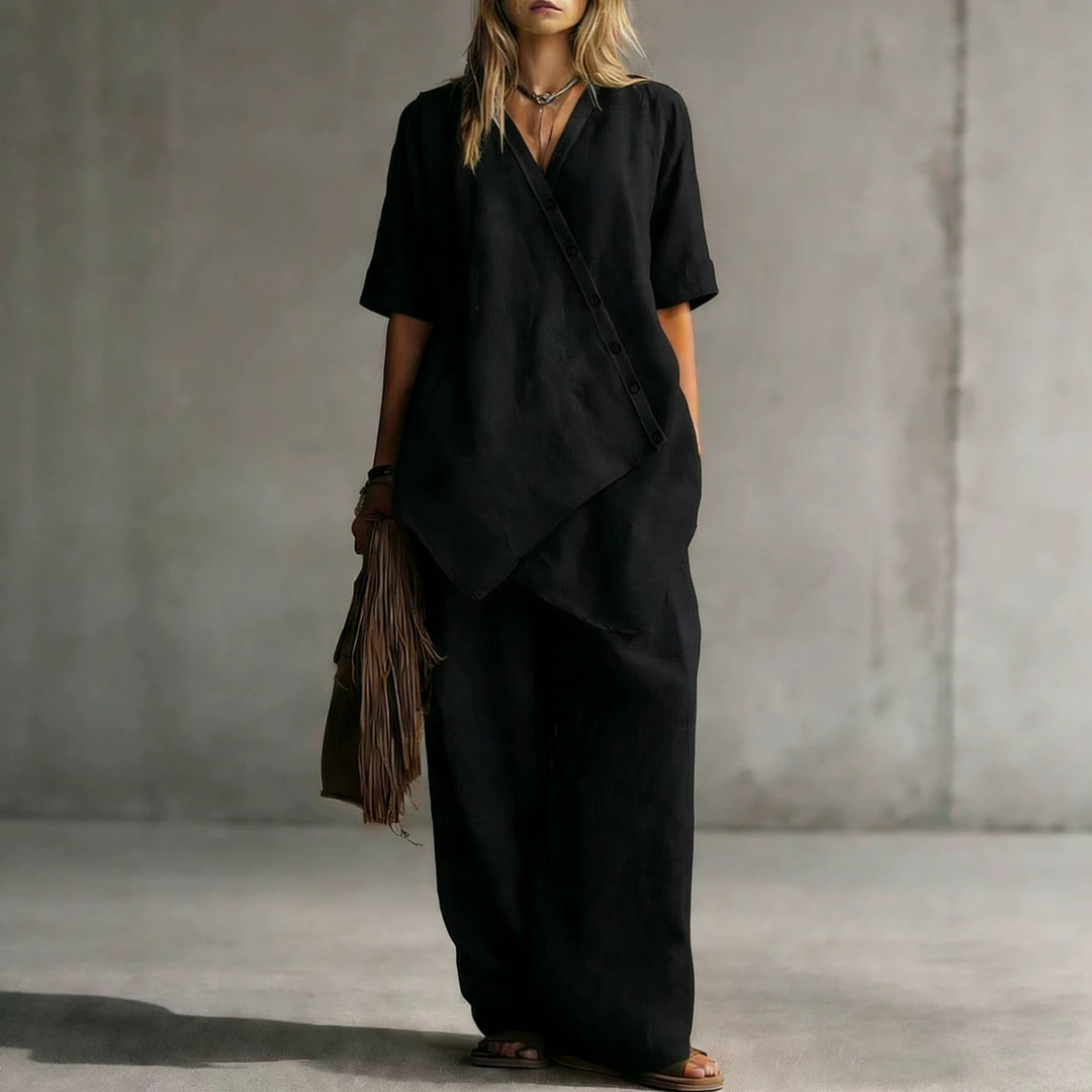 Damen Leinen-Zweiteiler mit asymmetrischer Knopfleiste und weiter Palazzo-Hose – Élanora